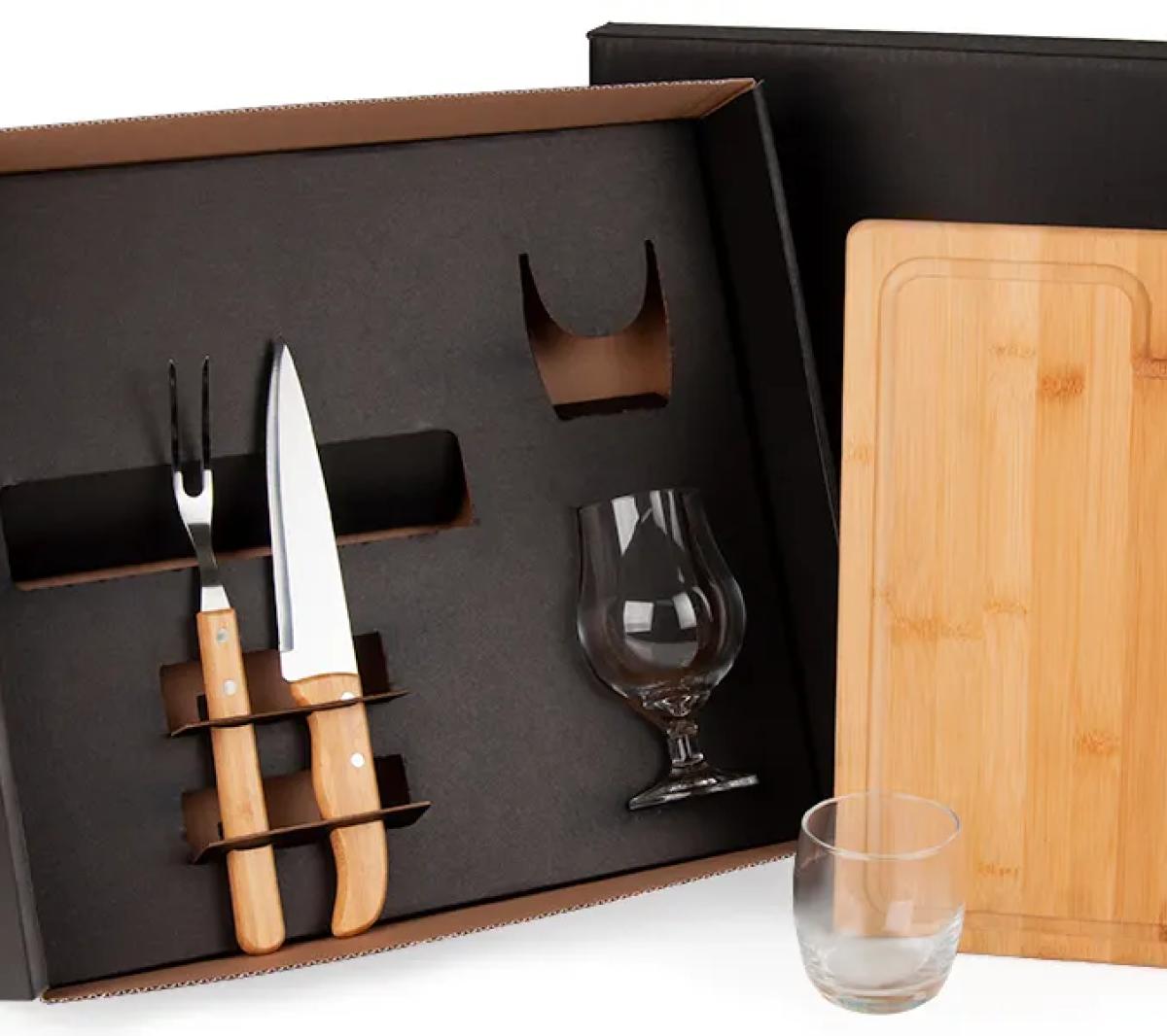 Kit Churrasco Cerveja Whisky 5 Pçs Bambu Inox Vidro