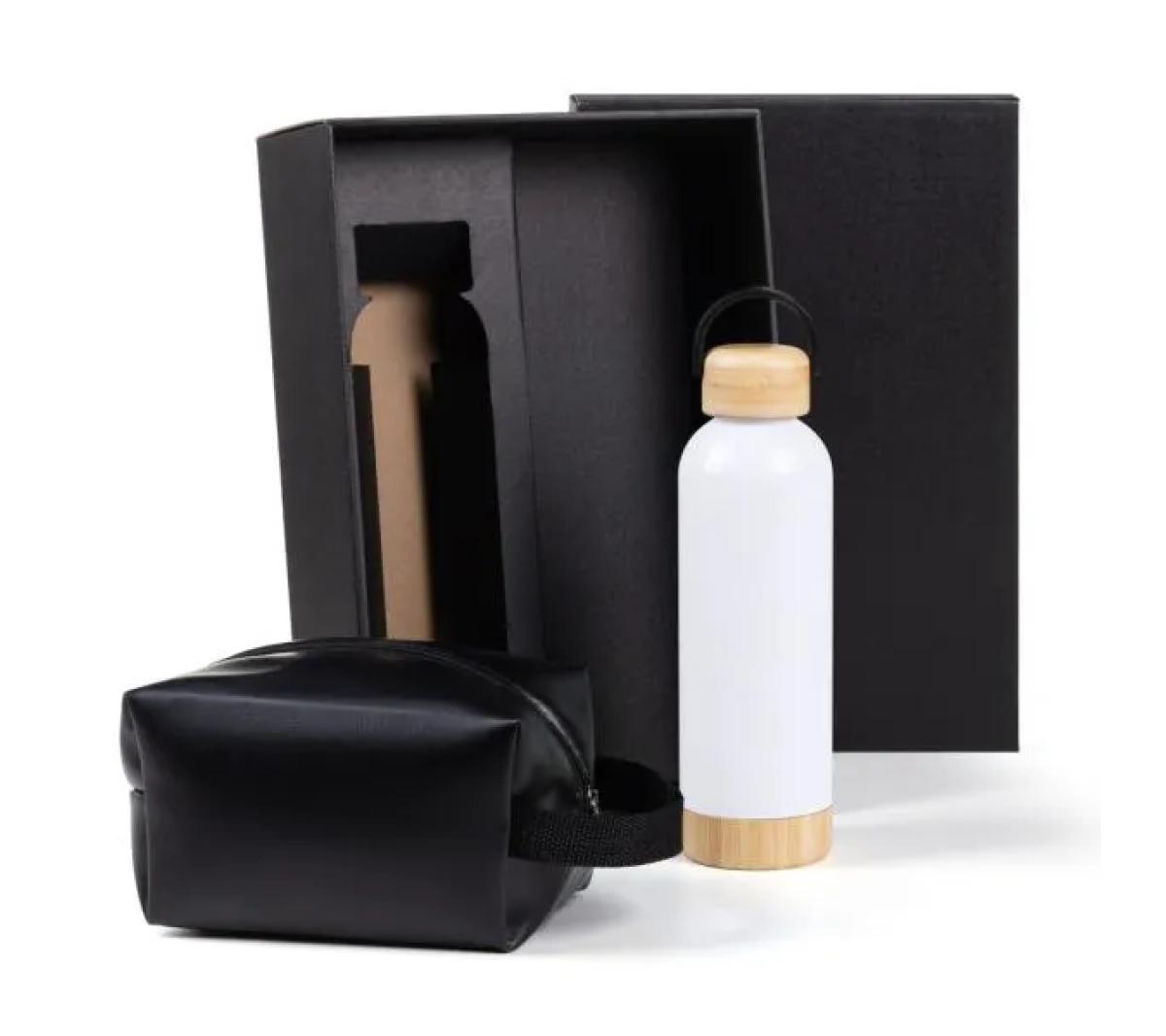 Kit Garrafa Inox Branca e Necessaire Sintética Preta