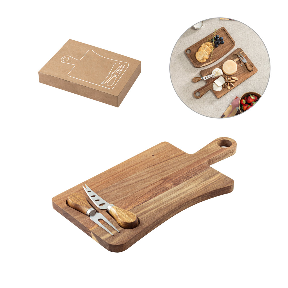 Tábua de Queijos Acácia com Utensílios Inox 363x181mm