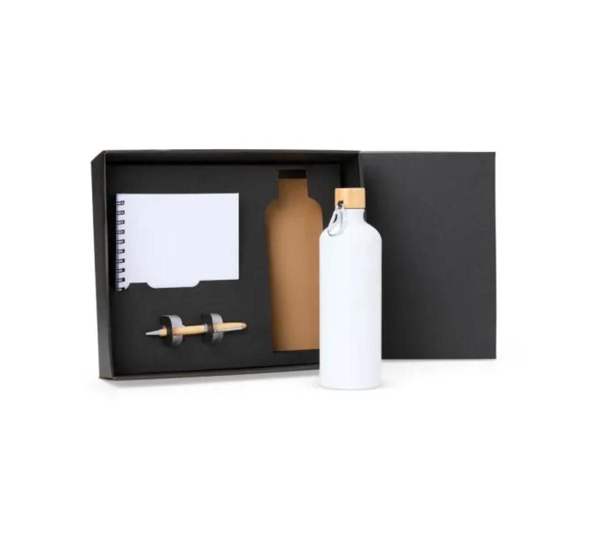 Kit Garrafa Alumínio 1L, Caderno e Caneta Bambu