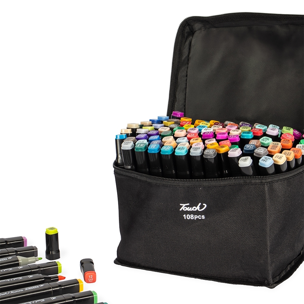 Kit Canetas Marcadoras Plástico 108 Cores Pontas Duplas 16x20cm
