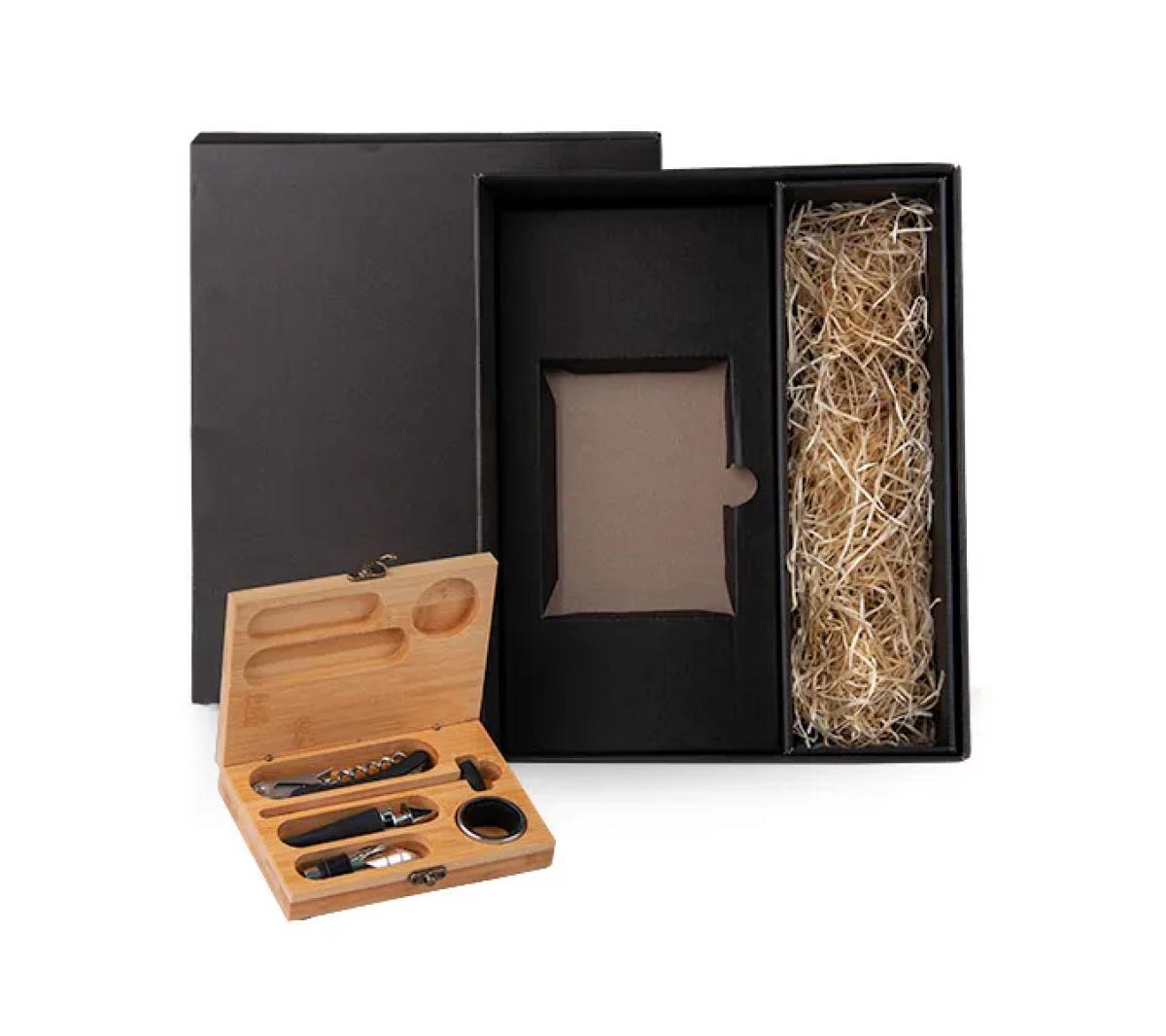 Kit Acessórios para Vinho em Bambu - 6 Peças com Estojo