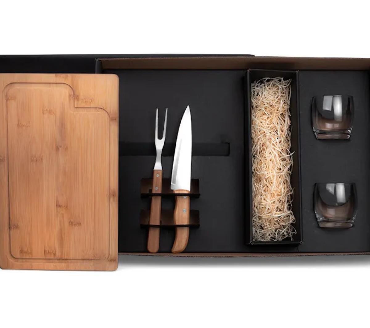 Kit Churrasco e Whisky Bambu Inox Vidro 5 Peças