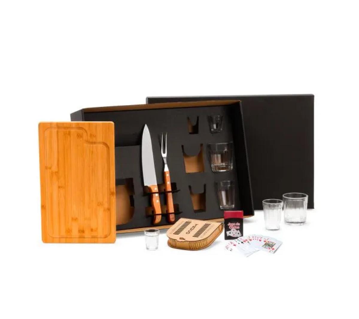 Kit Churrasco, Drink e Truco em Bambu, Inox e Vidro 10 Pçs
