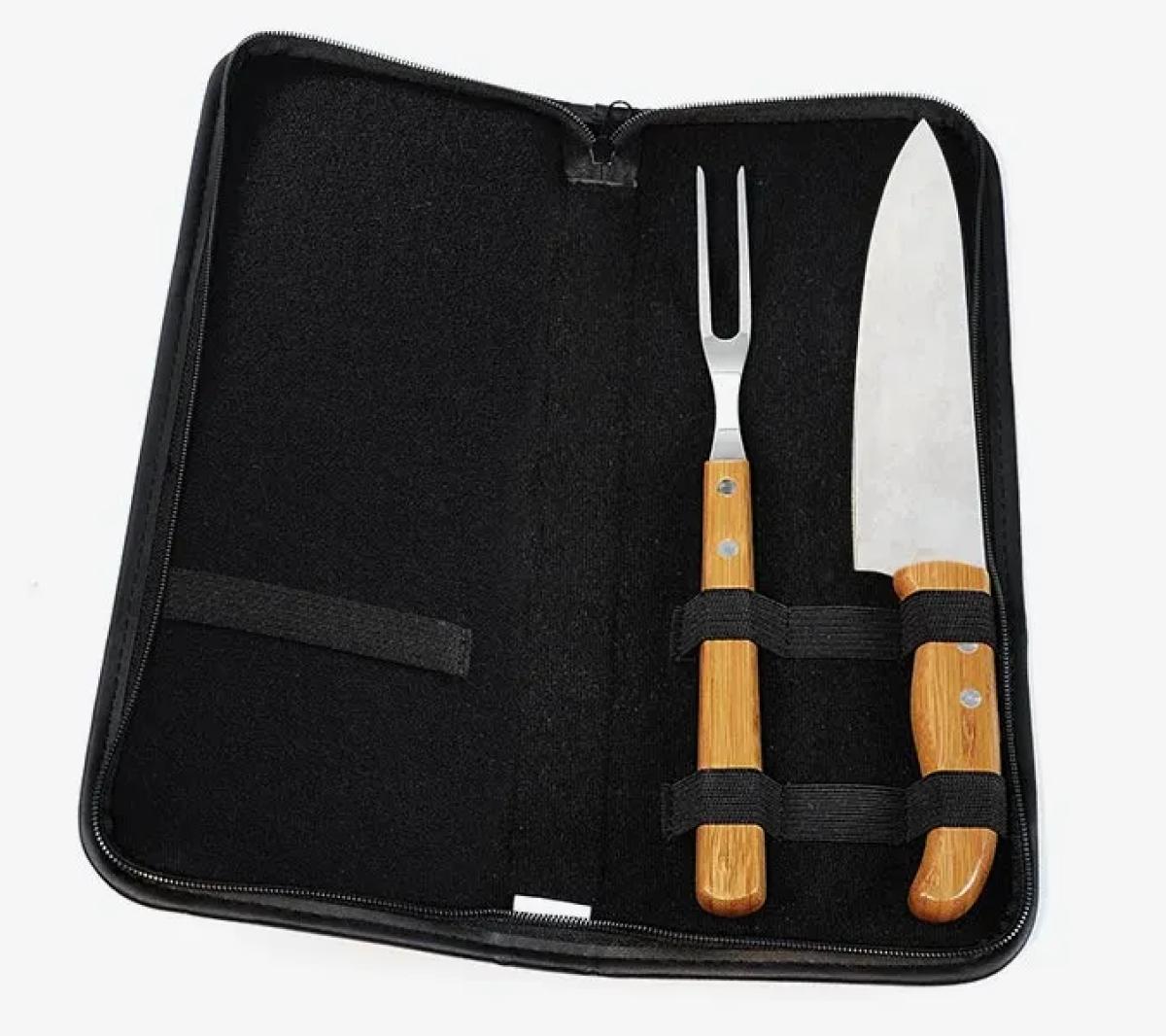 Kit Garfo e Faca Inox e Bambu com Estojo
