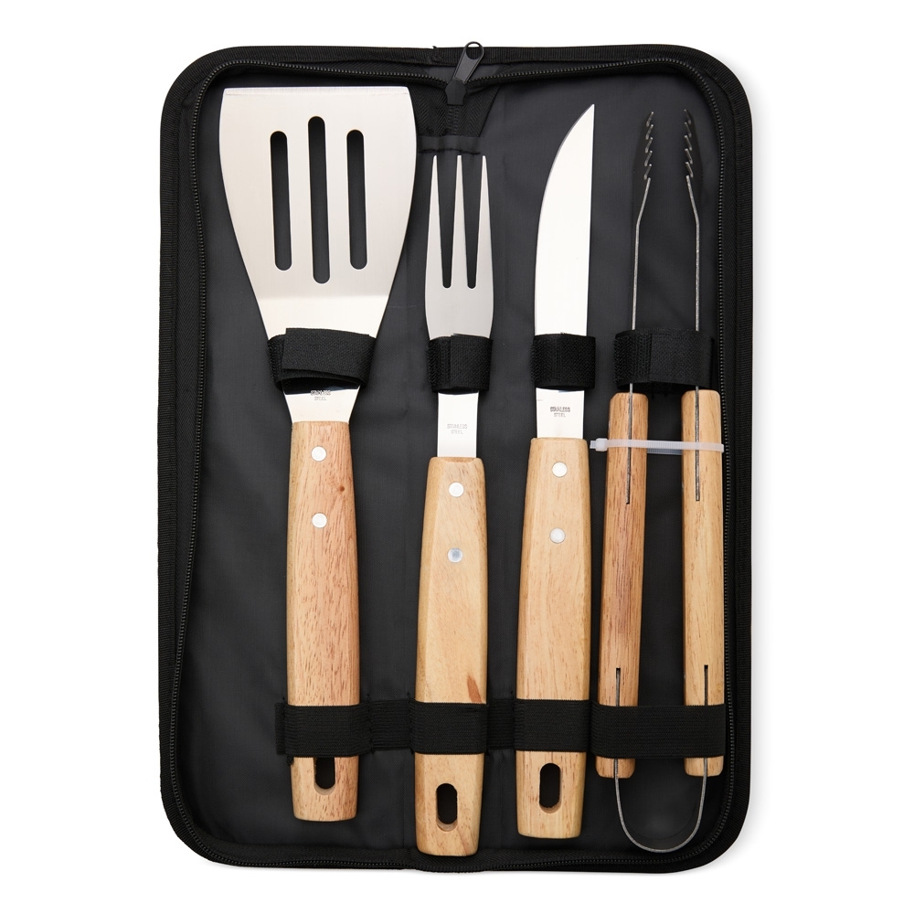 Kit Churrasco 4 Peças Aço Inox e Madeira