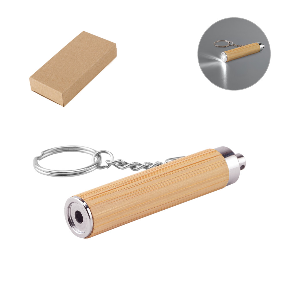 Chaveiro em Bambu e ABS com Lanterna LED 15x75mm