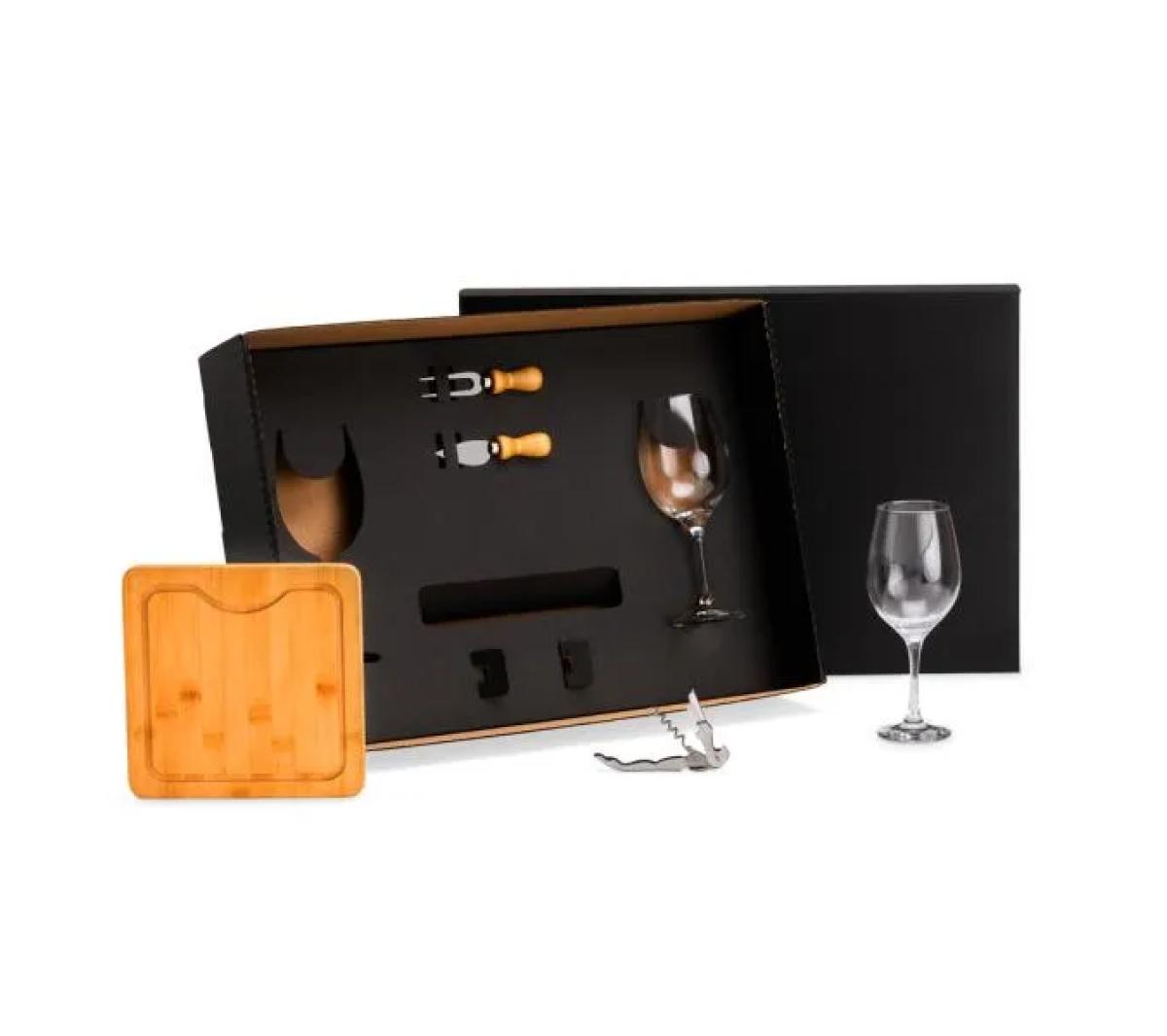Kit Queijo e Vinho 6 Pçs Bambu e Vidro
