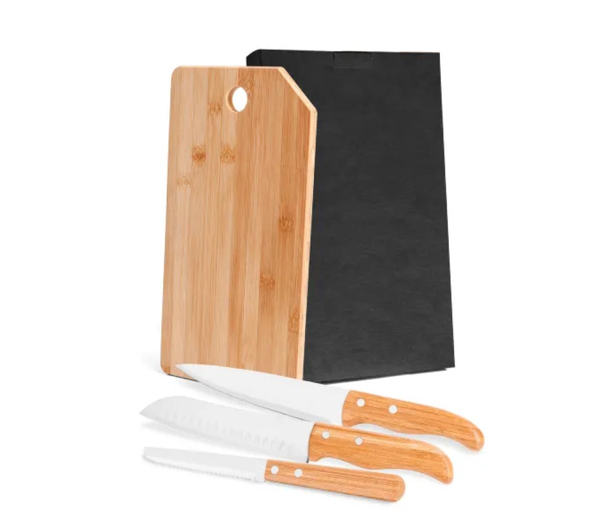Kit Cozinha em Bambu e Aço Inox 4 Peças