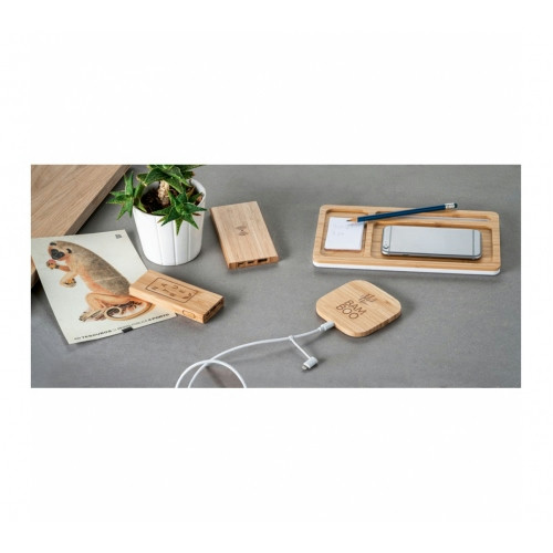 Organizador de Mesa em Bambu com Carregador Wireless e Hub USB