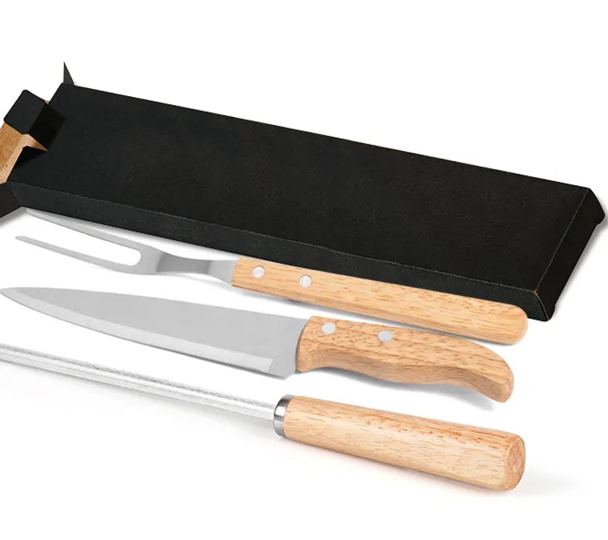 Conjunto para Churrasco Madeira e Aço Inox 3 Peças