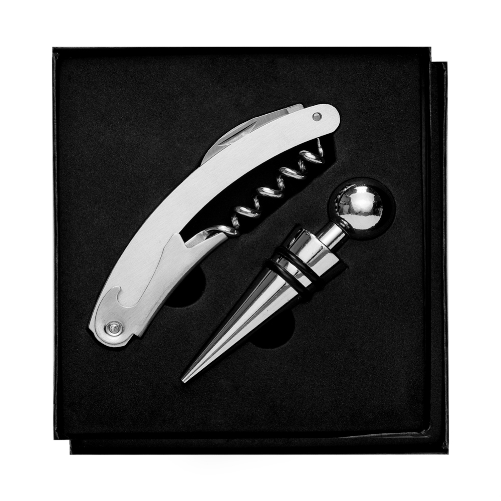 Kit Vinho 2 Peças Acessórios Metal Caixa Papelão 15,8x13,8cm