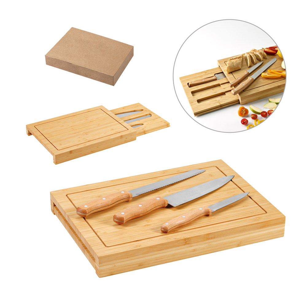 Conjunto de Tábuas de Corte Bambu com 3 Facas 390x280mm