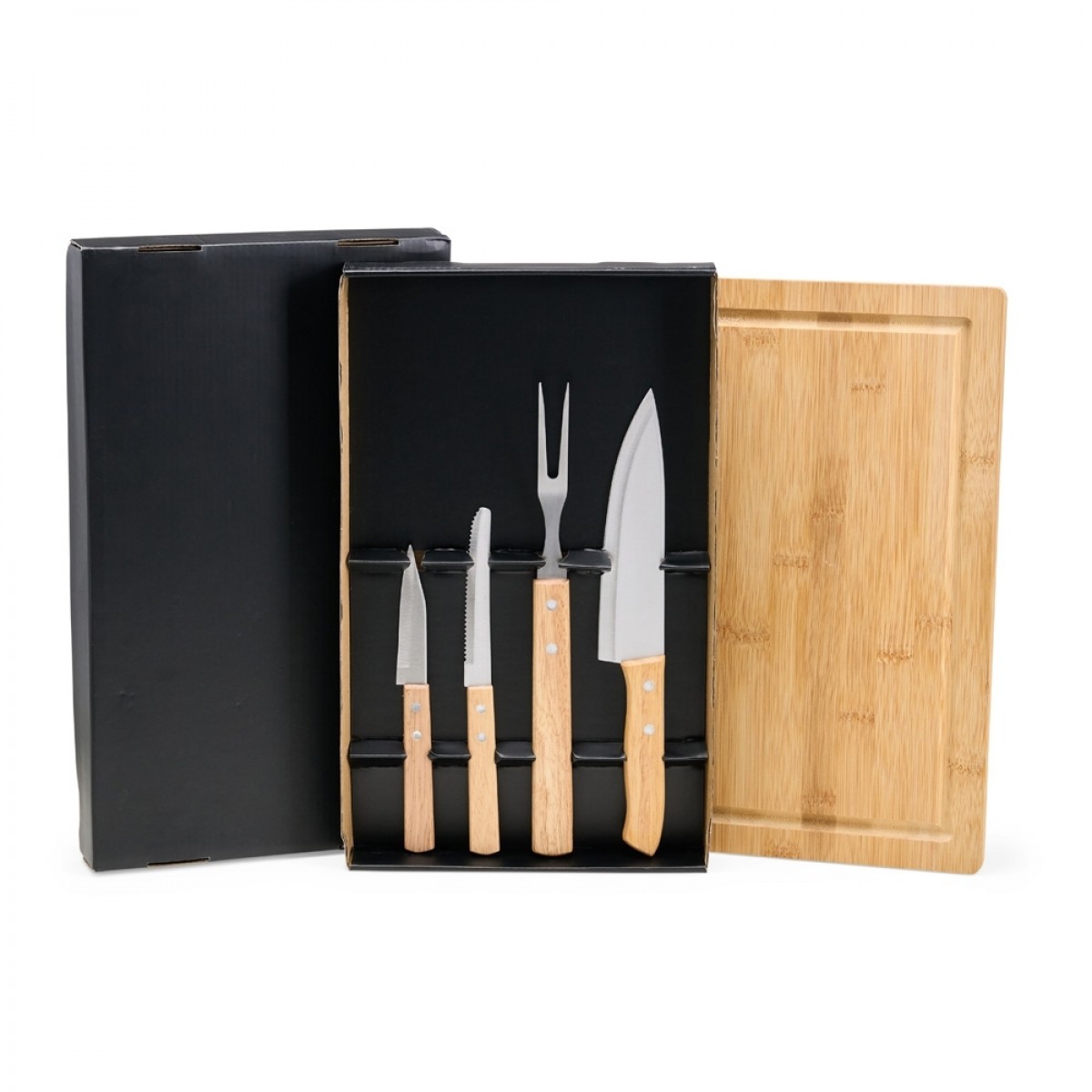 Kit Churrasco em Aço Inox e Bambu 5 Peças