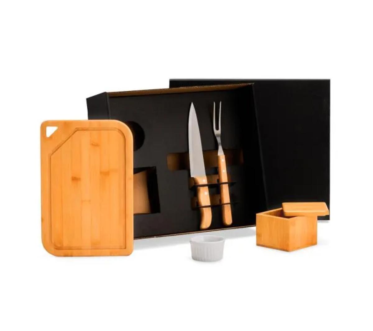 Kit Churrasco Bambu Madeira Inox 5 Pçs