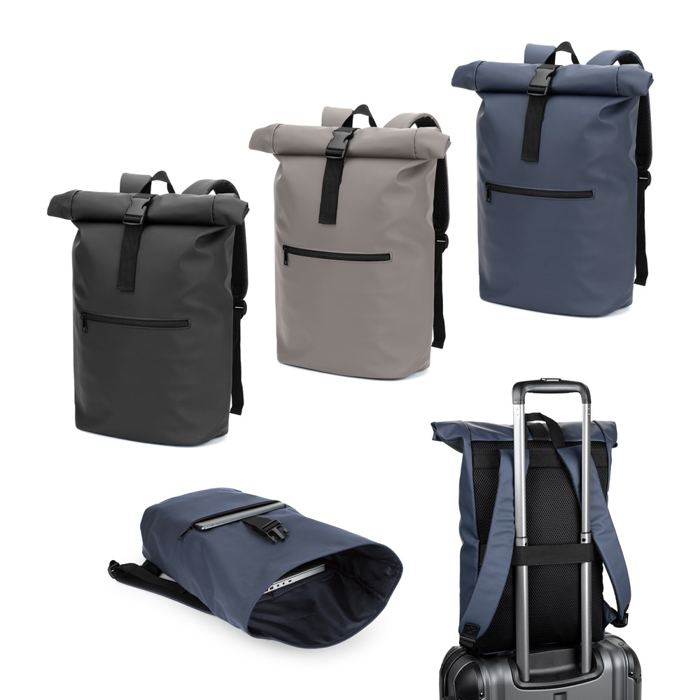 Mochila Roll Top em PU com Bolso para Notebook 16'' Poliéster