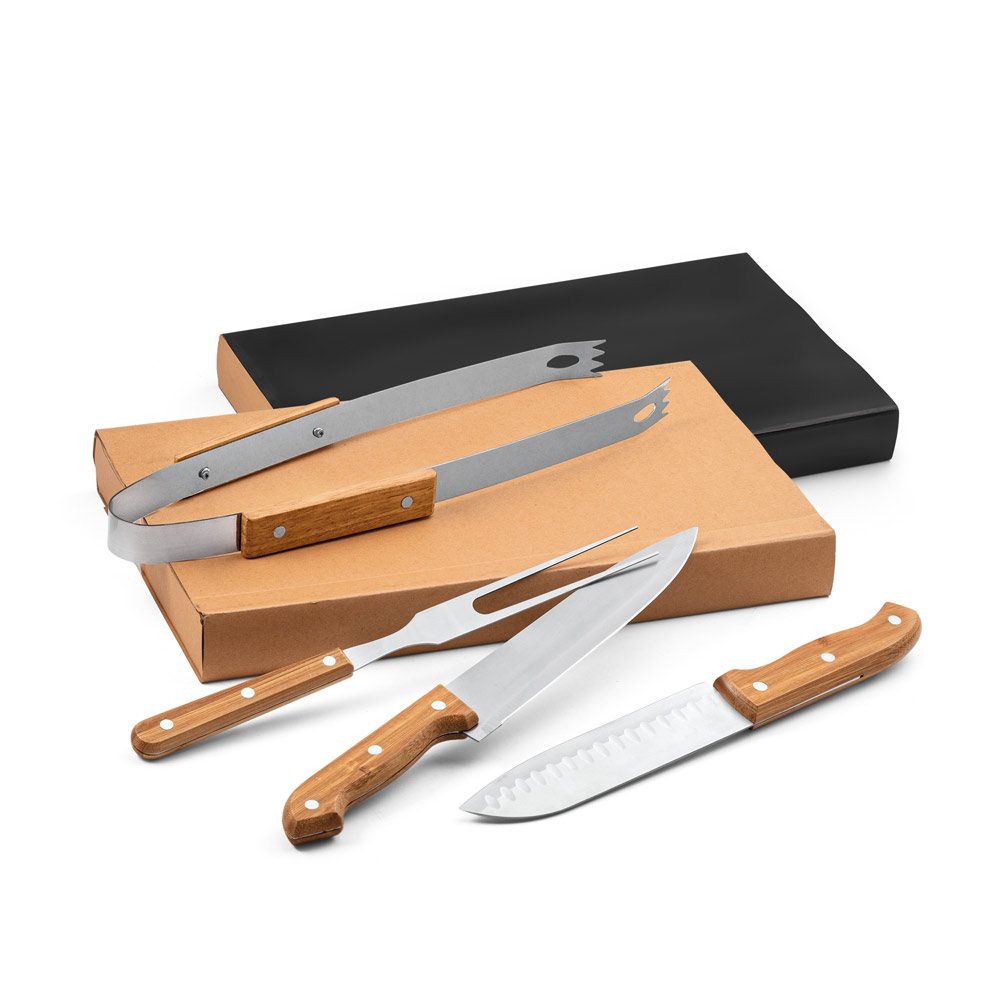 Kit Churrasco em Aço Inox e Bambu 365x200mm